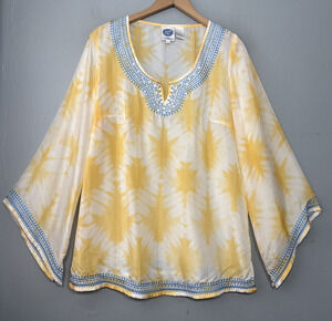 Diane Gilman Silk Top Size Small Embroidered Sequin Vacation Resortwear Tunic